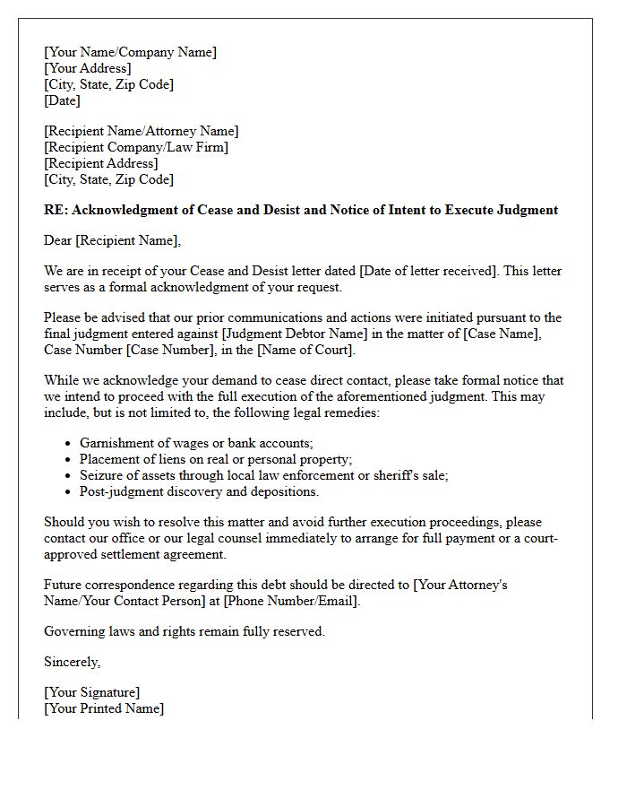 Cease And Desist Acknowledgment Letter With Notice Of Judgment Execution Intent