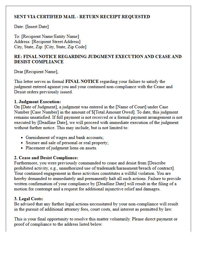 Final Notice Letter Regarding Judgment Execution And Cease And Desist Compliance