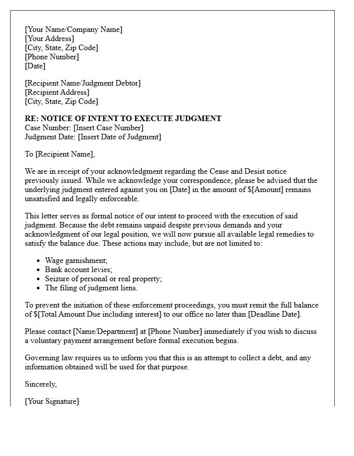 Letter Detailing Intent To Execute Judgment Upon Cease And Desist Acknowledgment