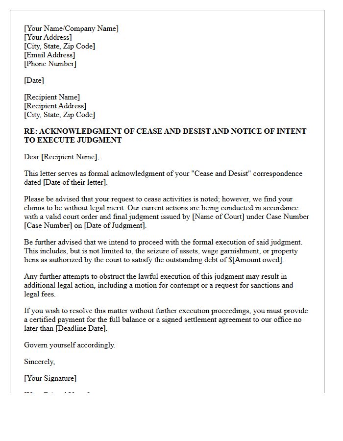 Letter Of Acknowledgment For Cease And Desist With Judgment Execution Warning