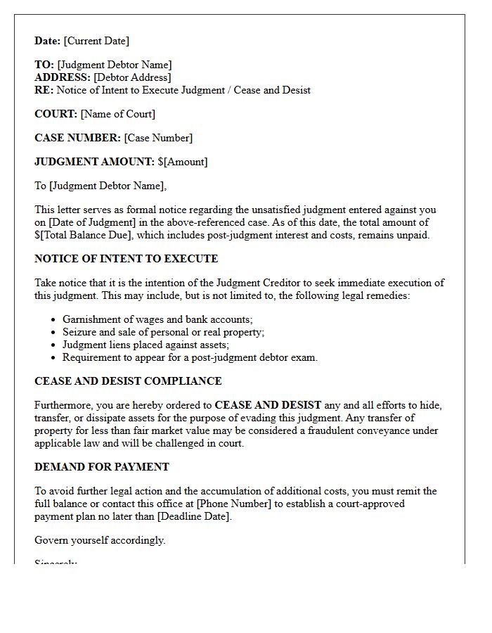 Post-Judgment Execution Intent And Cease And Desist Compliance Letter
