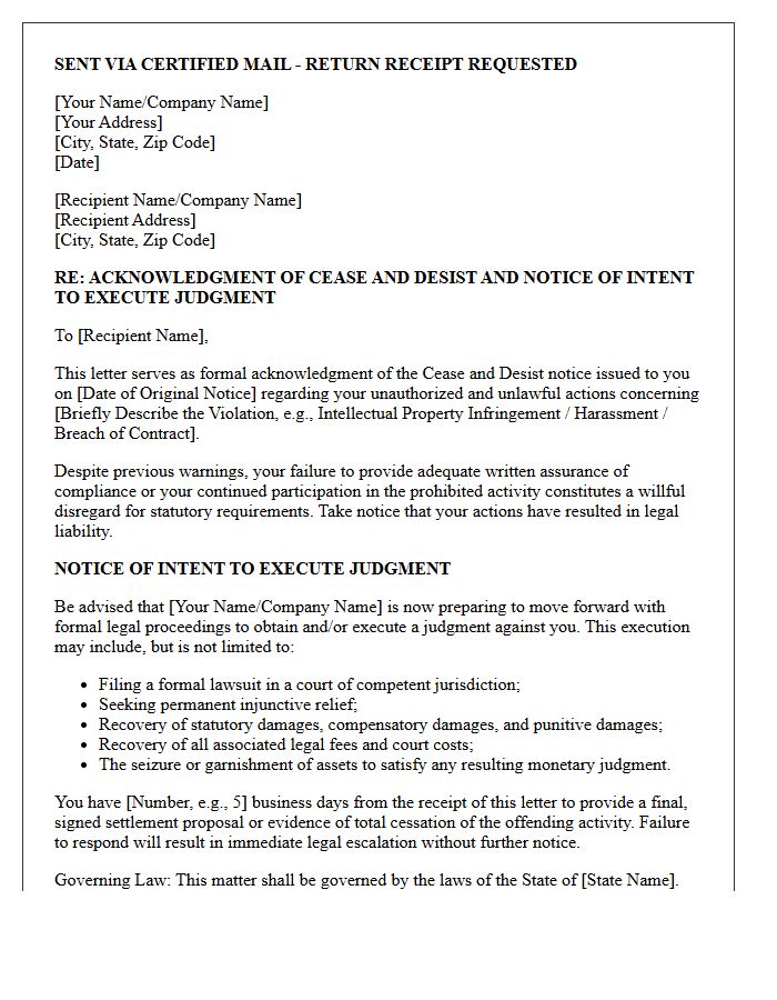 Statutory Cease And Desist Acknowledgment Letter With Judgment Execution Intent