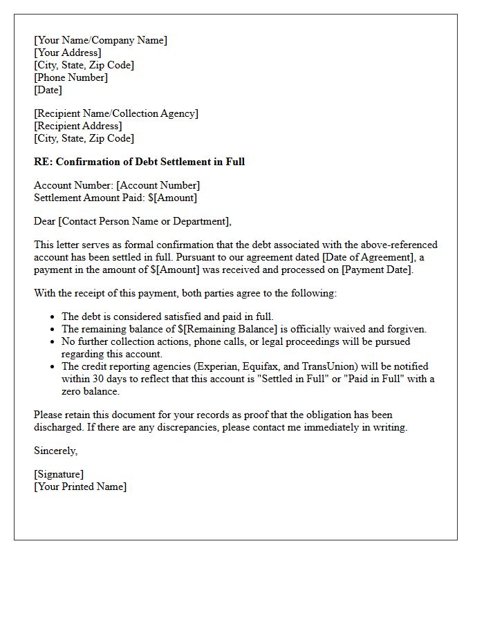 Debt Settlement in Full Confirmation Letter