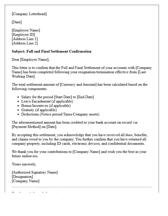 Full and Final Settlement Confirmation Letter