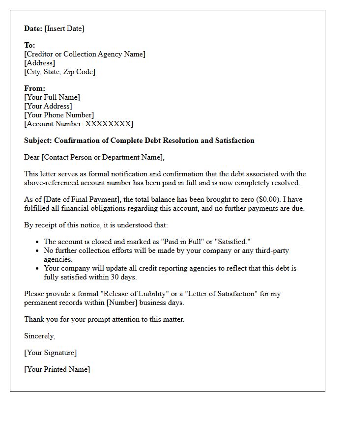 Letter of Complete Debt Resolution