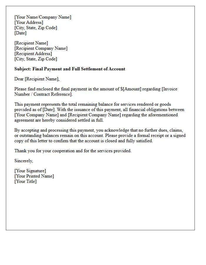 Letter of Final Payment and Settlement
