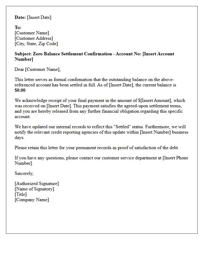 Zero Balance Settlement Confirmation Letter
