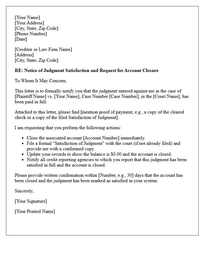 Account Closure and Judgment Satisfaction Letter