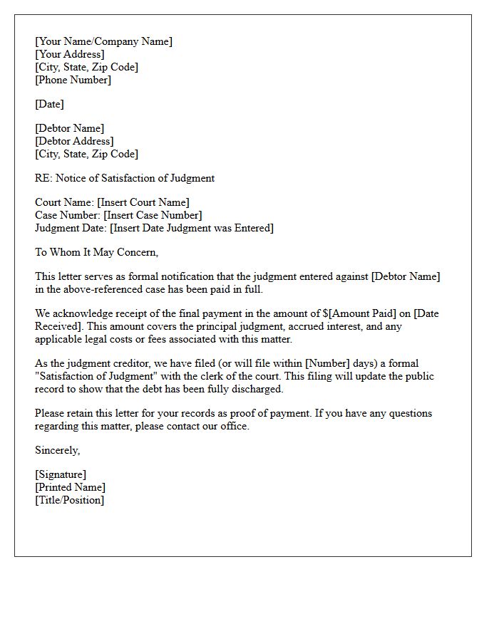 Creditor Notice of Judgment Satisfaction Letter