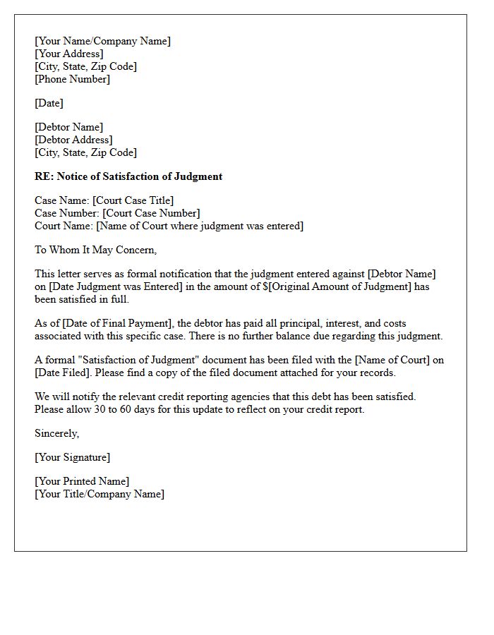 Debt Collection Judgment Satisfaction Letter