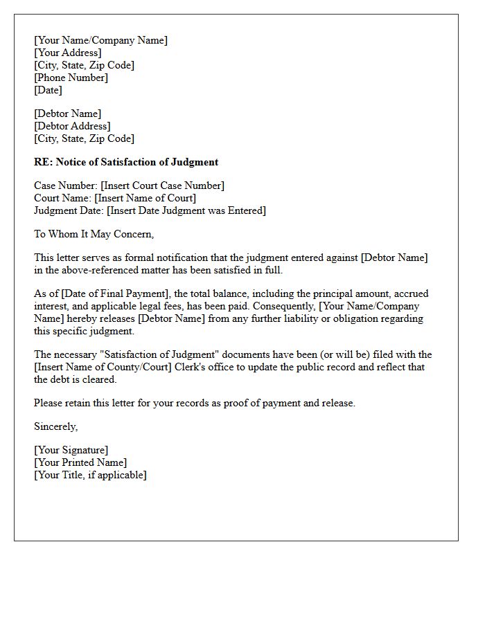 Debtor Release of Judgment Satisfaction Letter