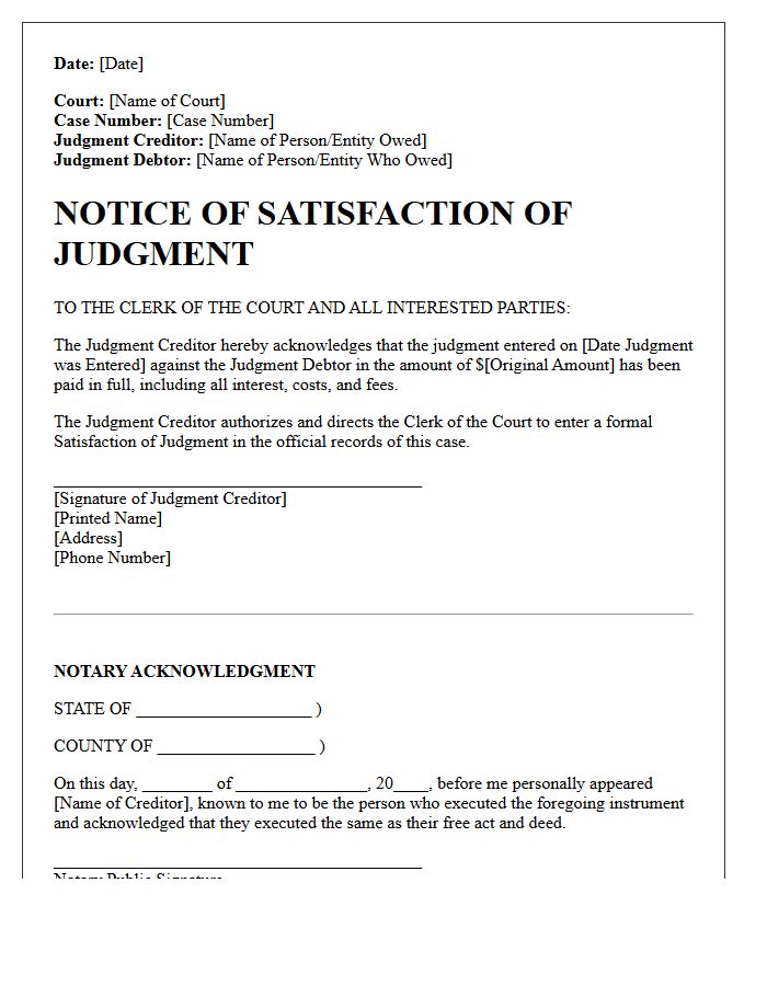 Notarized Satisfaction of Judgment Notice Letter