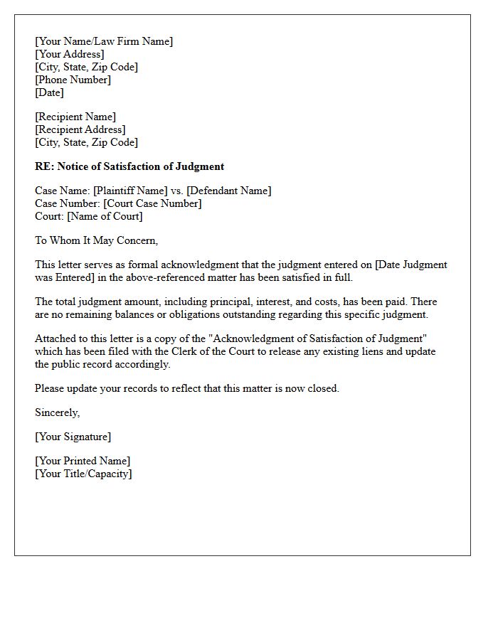 Notice of Judgment Satisfaction Acknowledgment Letter