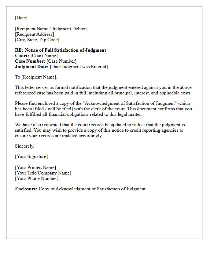Post-Judgment Full Satisfaction Notice Letter
