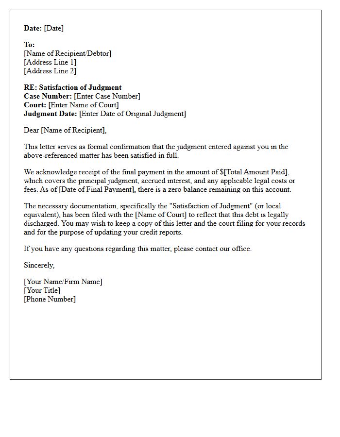 Satisfaction of Court Judgment Confirmation Letter
