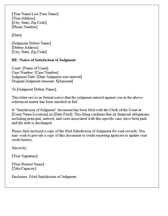Satisfaction of Judgment Notice Letter
