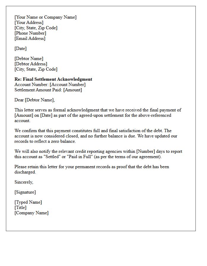 Creditor Final Settlement Acknowledgment Letter