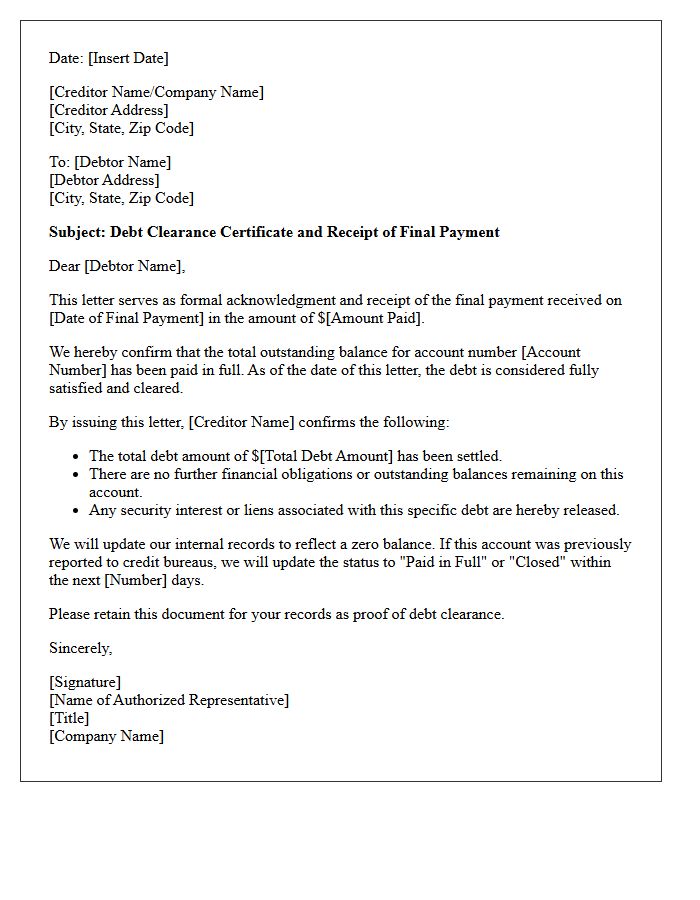 Debt Clearance and Receipt Letter