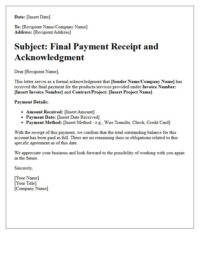 Final Payment Receipt and Acknowledgment Letter