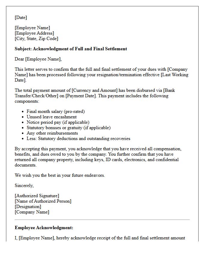 Full and Final Payment Acknowledgment Letter