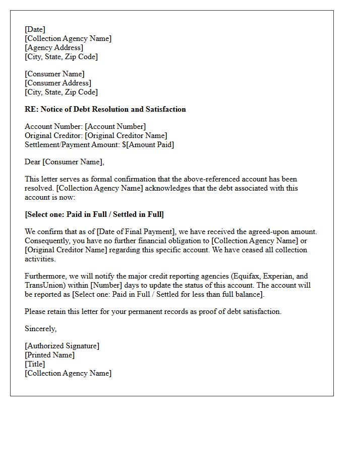 Collection Agency Debt Resolution Confirmation Letter