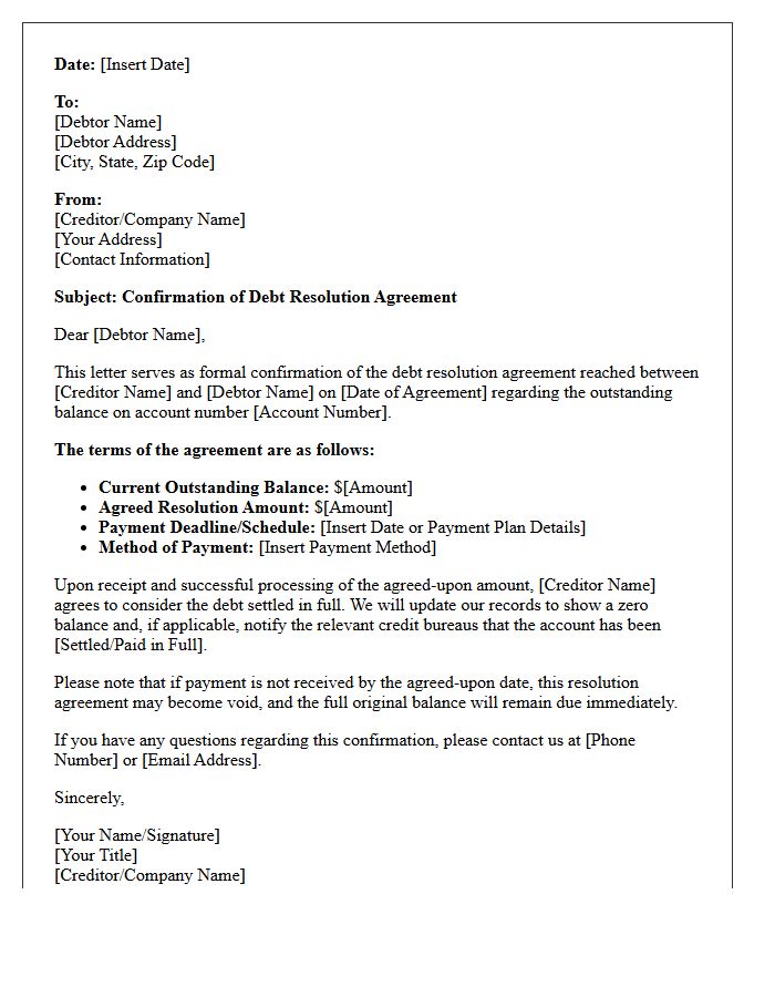 Debt Resolution Agreement Confirmation Letter