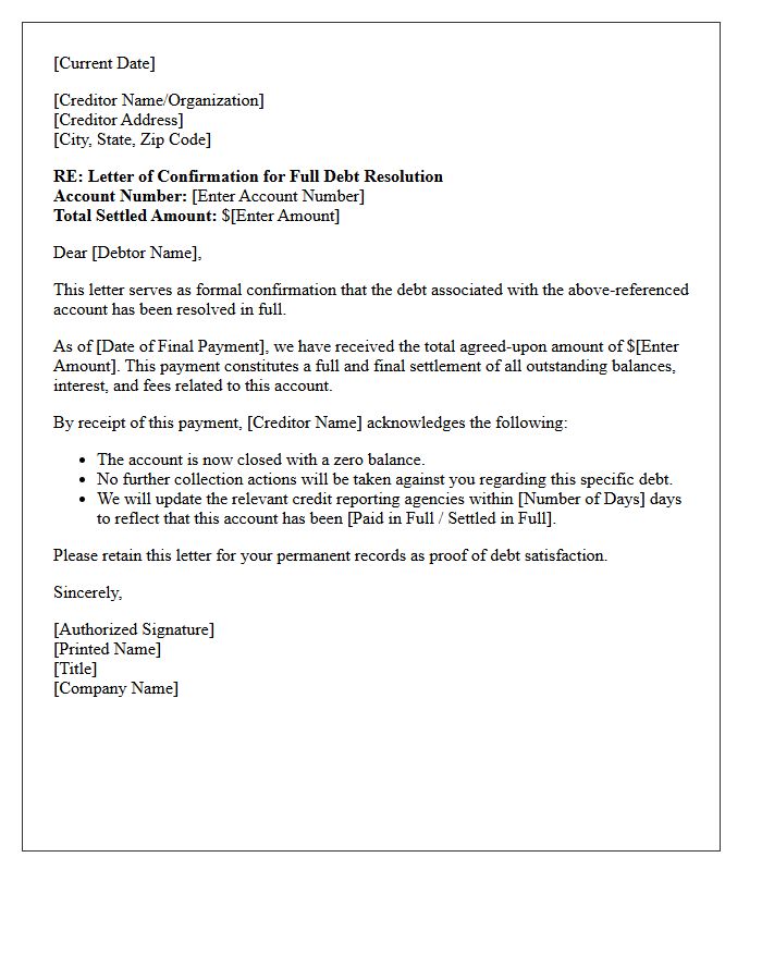 Letter of Confirmation for Full Debt Resolution