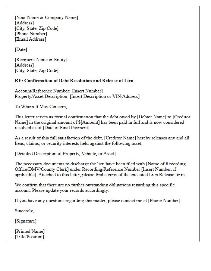 Letter of Debt Resolution and Lien Release Confirmation