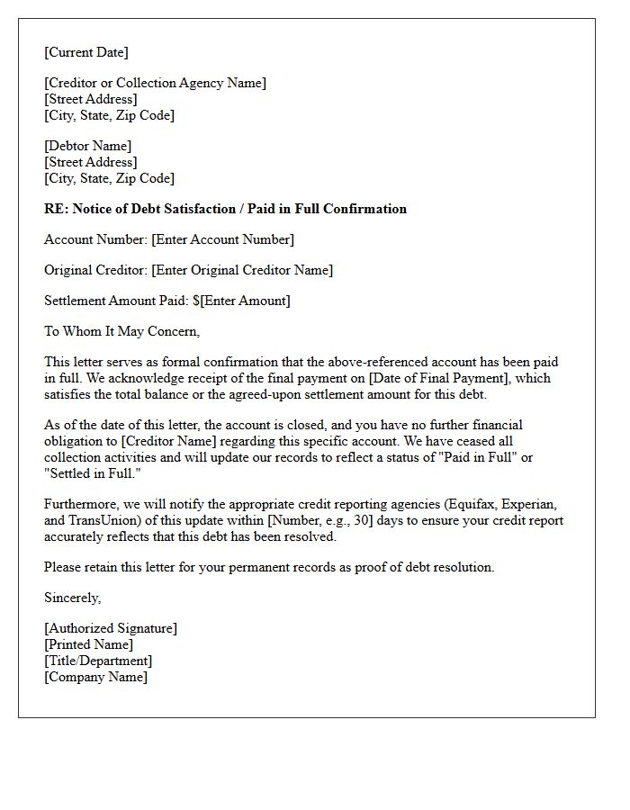 Paid in Full Debt Resolution Confirmation Letter