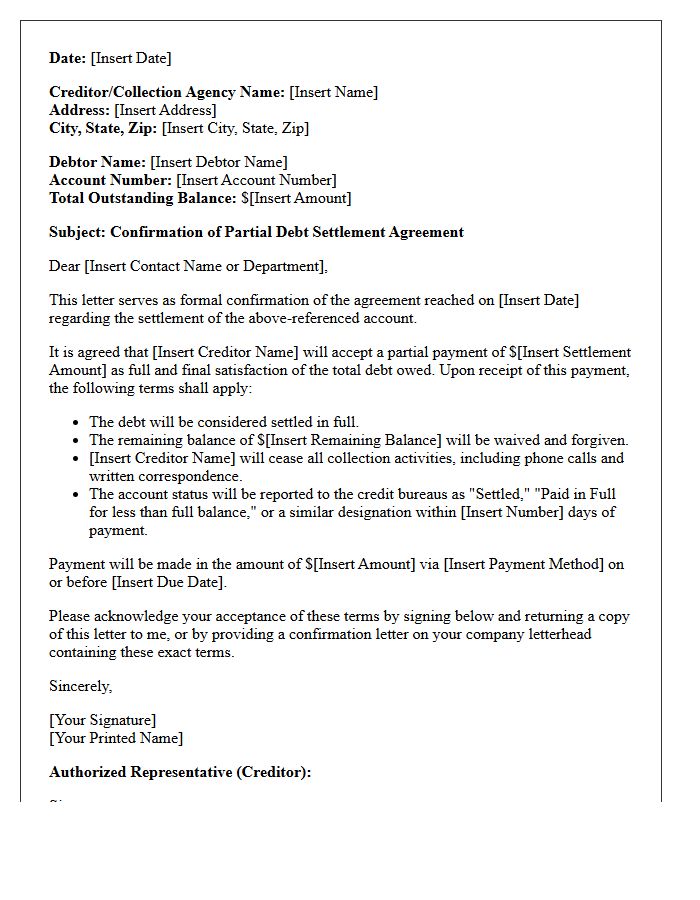 Partial Settlement Debt Resolution Confirmation Letter