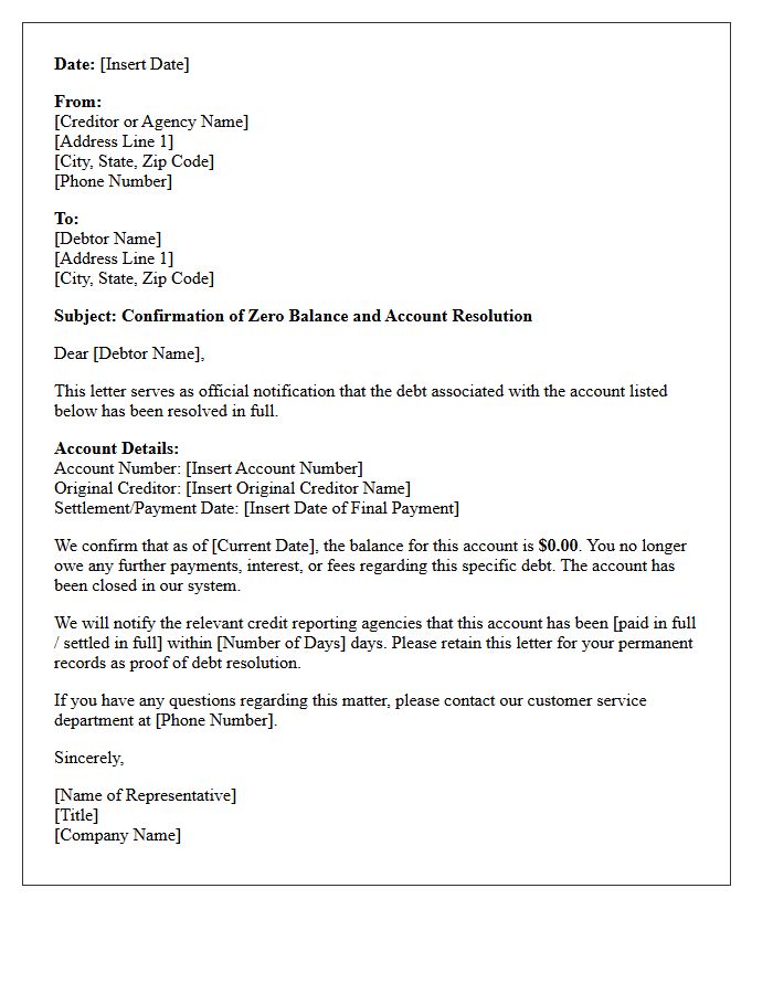 Zero Balance Debt Resolution Confirmation Letter