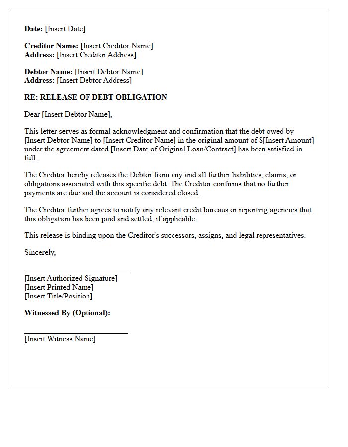Debt Obligation Release Letter