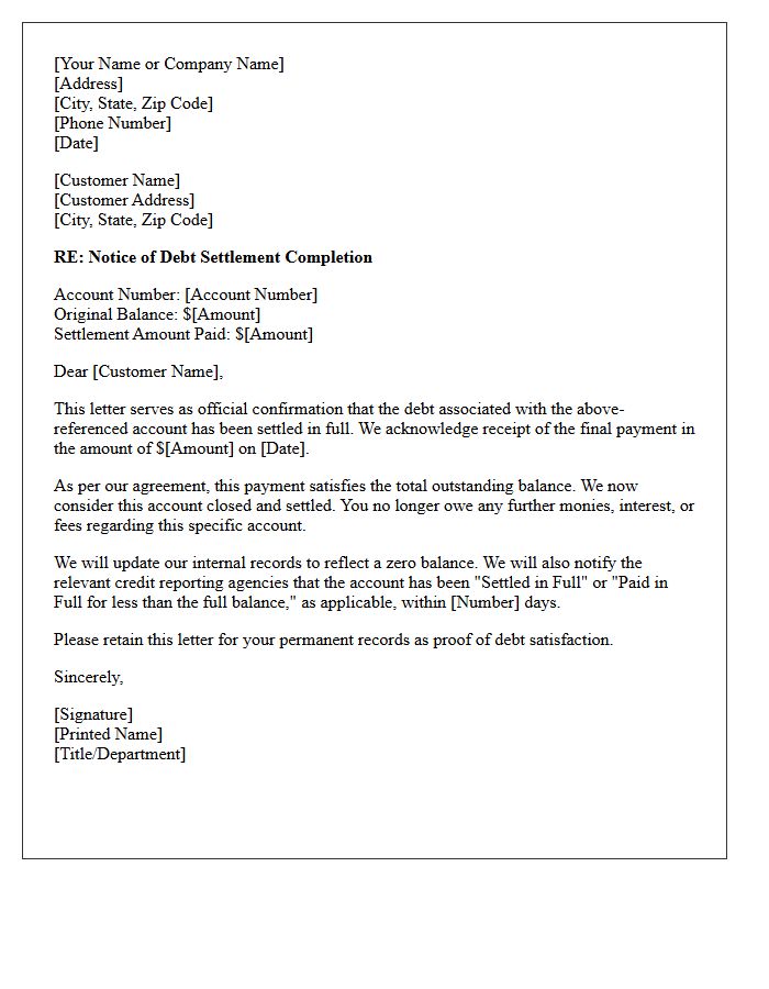 Debt Settlement Completion Letter