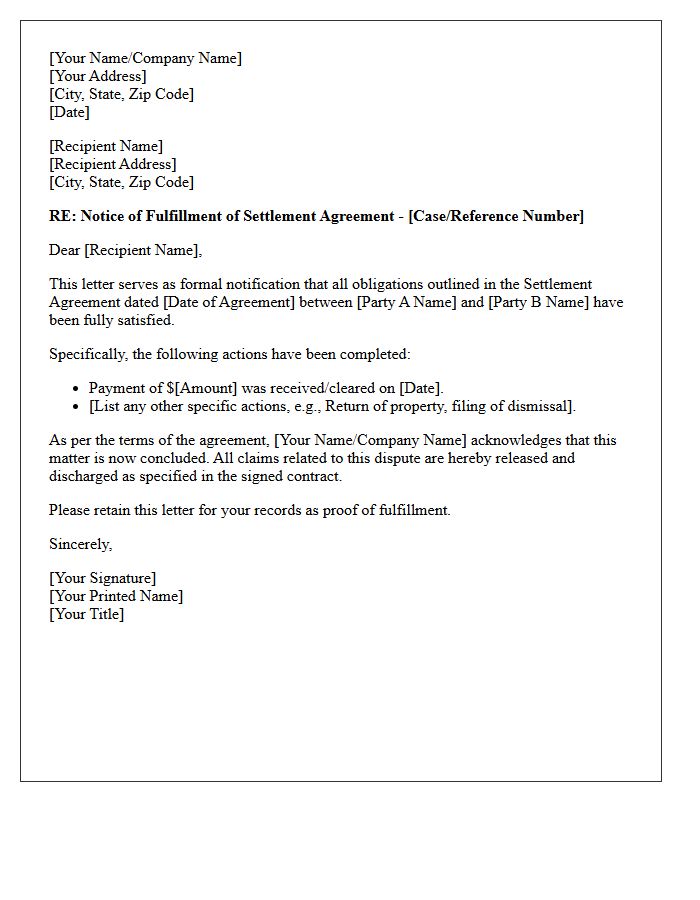 Settlement Agreement Fulfillment Letter