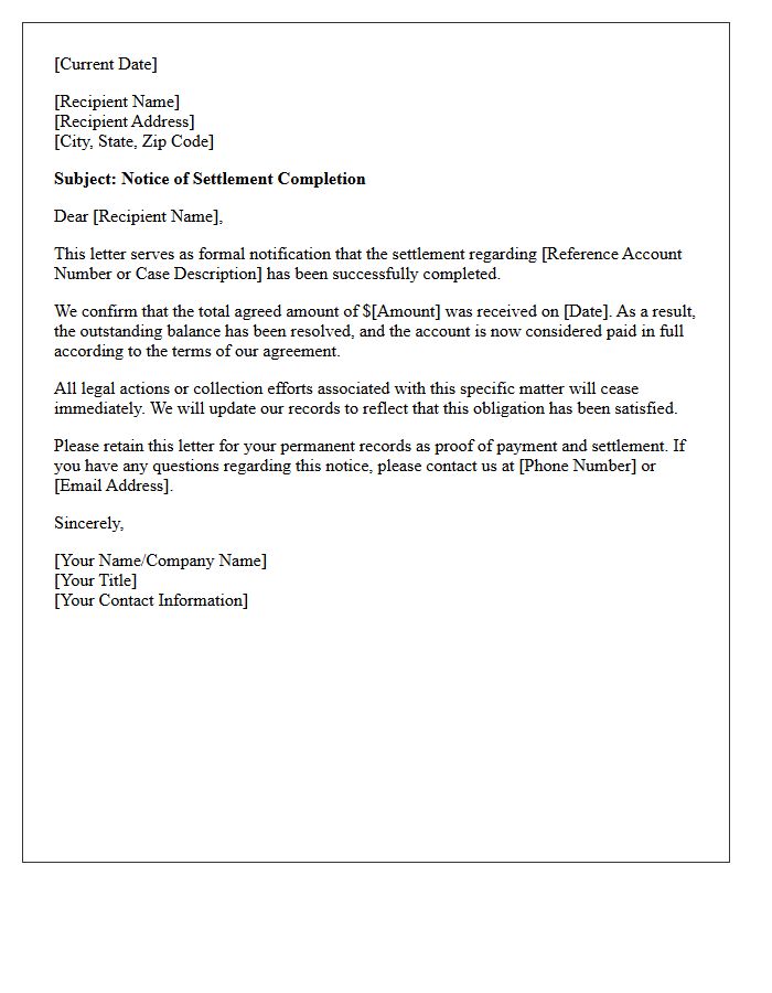 Settlement Completion Notice Letter