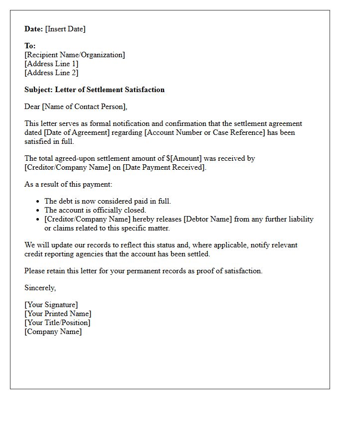 Settlement Satisfaction Letter