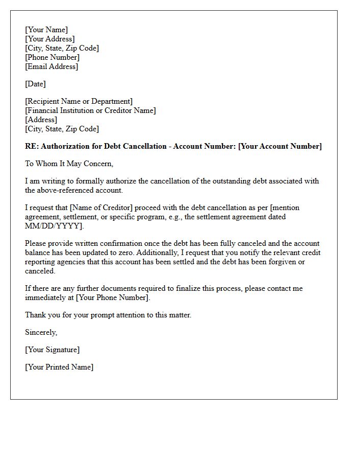 Debt Cancellation Authorization Letter