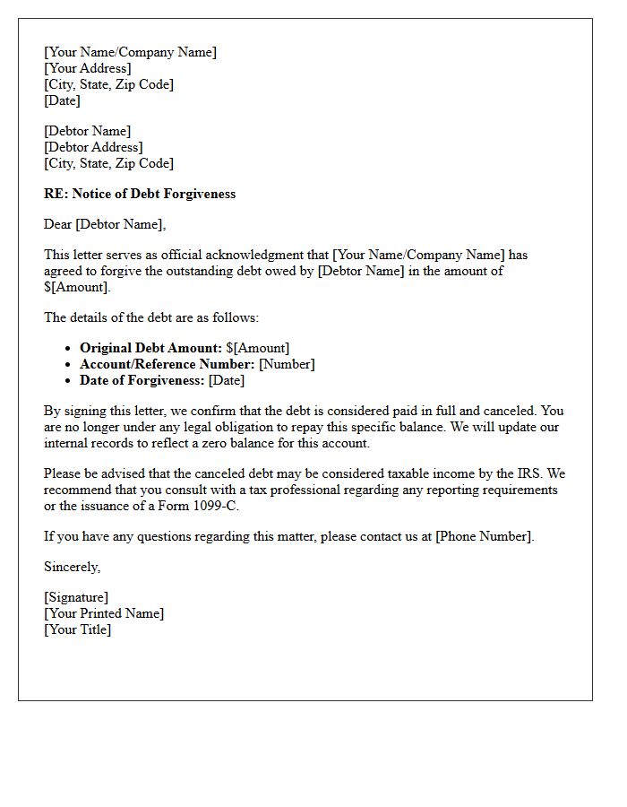 Debt Forgiveness Acknowledgment Letter