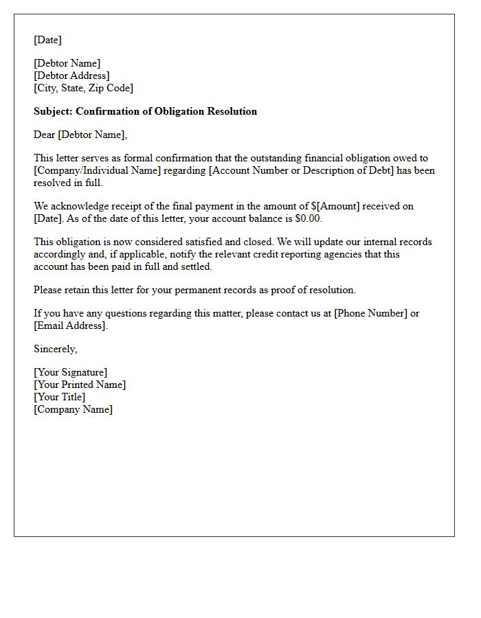 Obligation Resolution Confirmation Letter