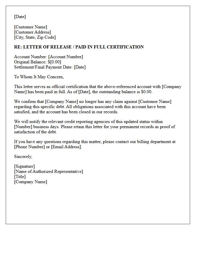 Paid In Full Certification Letter