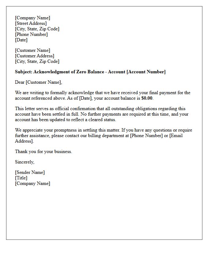 Zero Balance Acknowledgment Letter
