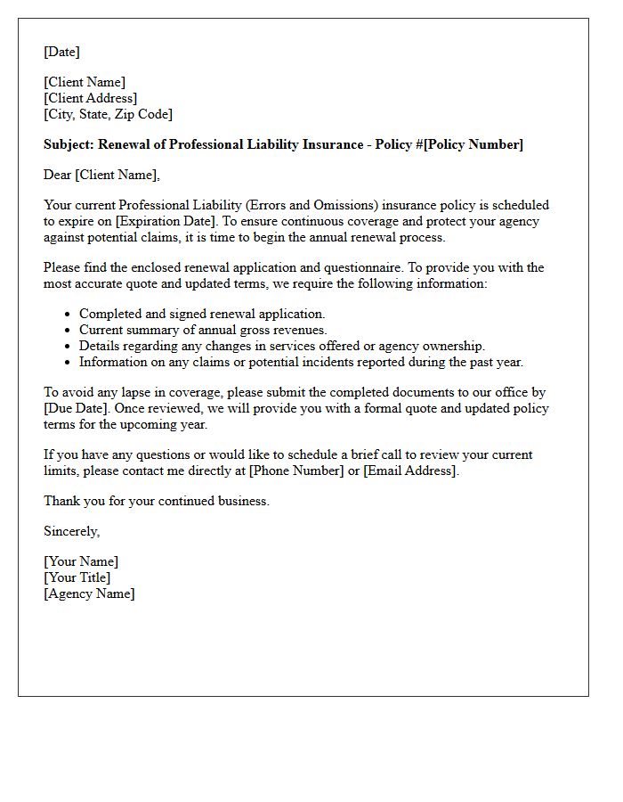 Annual Agency Professional Liability Coverage Renewal Letter