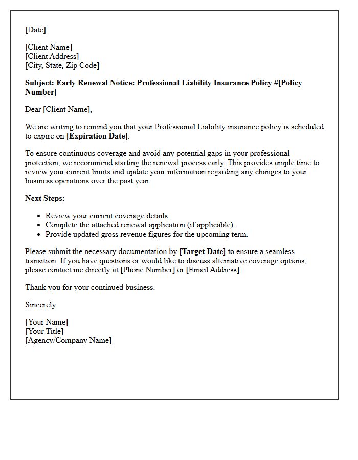Early Reminder Professional Liability Renewal Letter