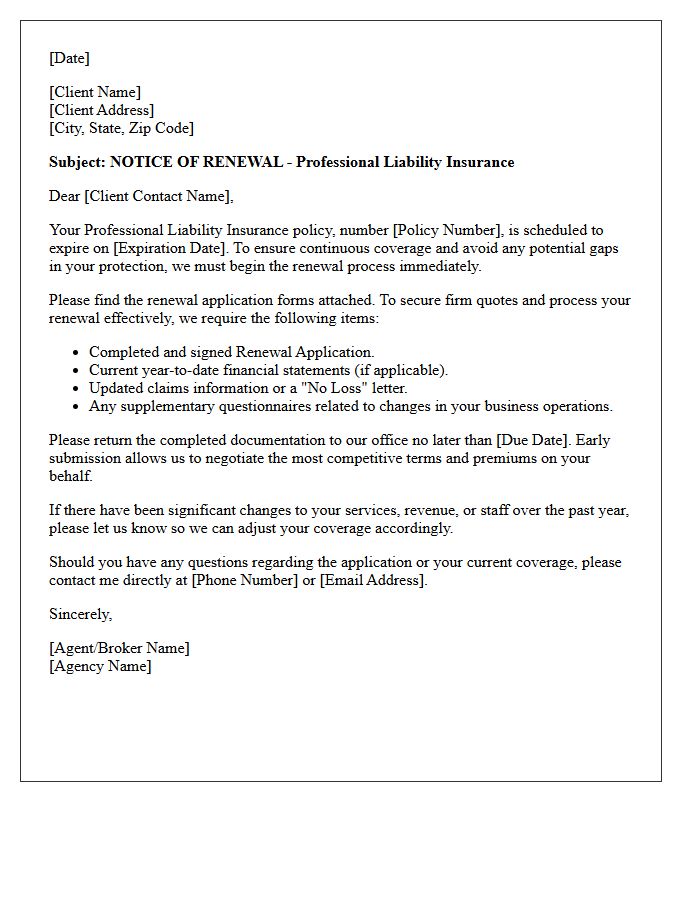 Professional Liability Renewal Application Notice Letter
