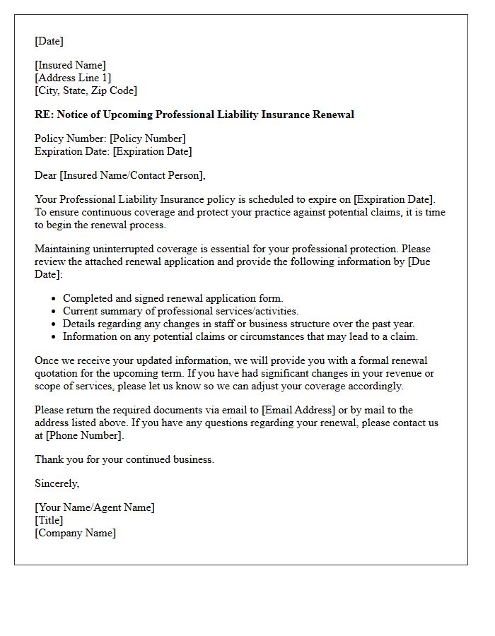 Standard Professional Liability Renewal Notice Letter