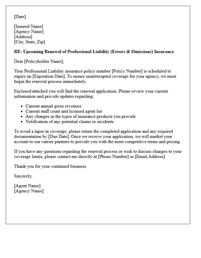 Upcoming Insurance Agency Professional Liability Renewal Letter