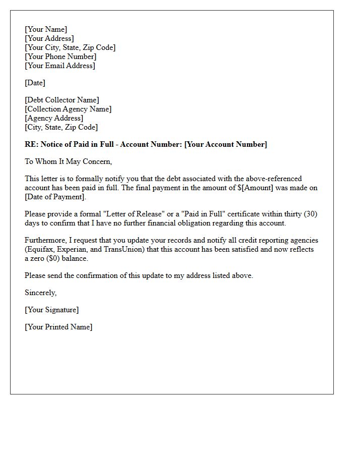 Notice of Paid in Full Collection Account Letter