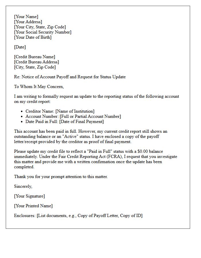 Credit Reporting Agency Payoff Update Letter