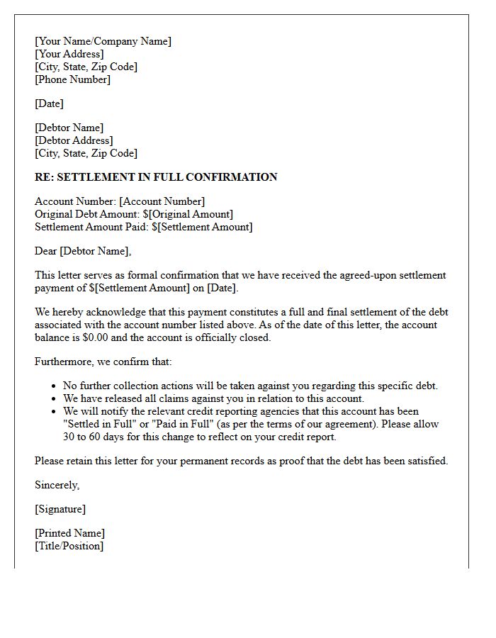 Debt Settlement In Full Confirmation Letter