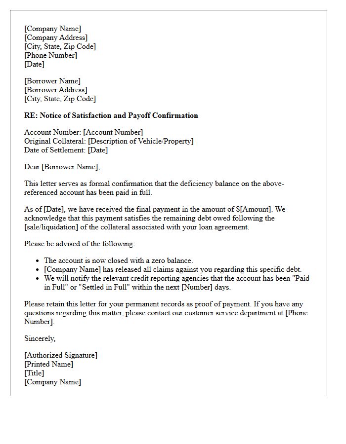 Deficiency Balance Payoff Confirmation Letter